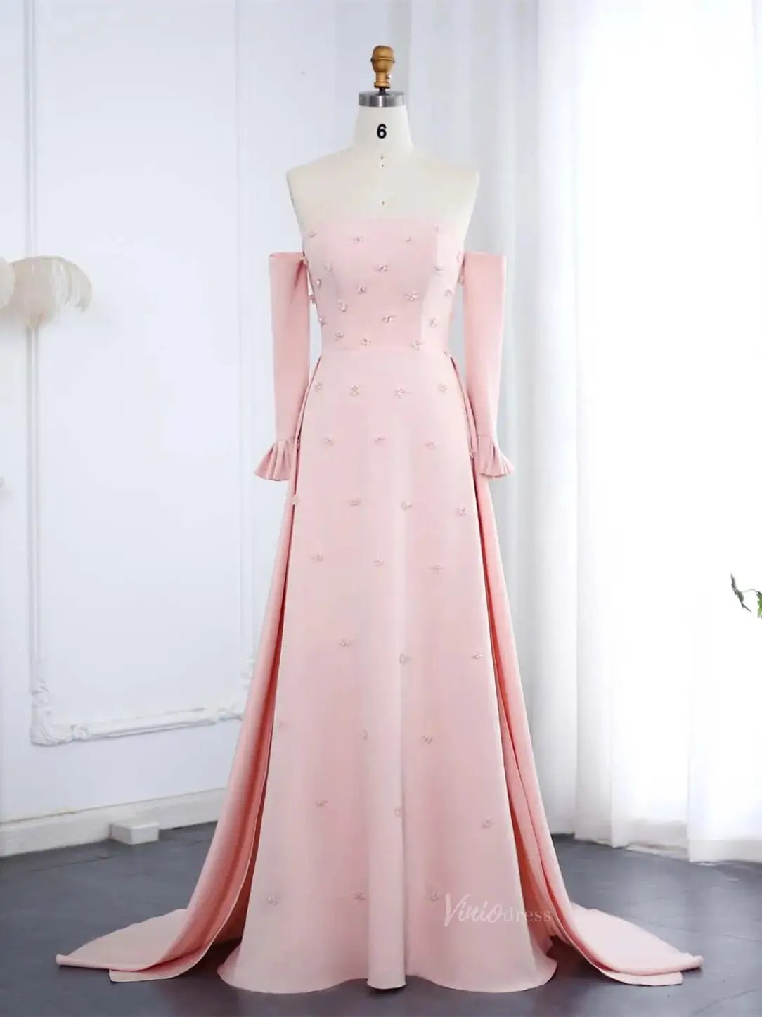 Strapless Pink Satin Prom Dresses Crystal Flower Formal Dresses with Sleeves BD014-Evening Dresses 2025 -Viniodress-Pink-US 2-