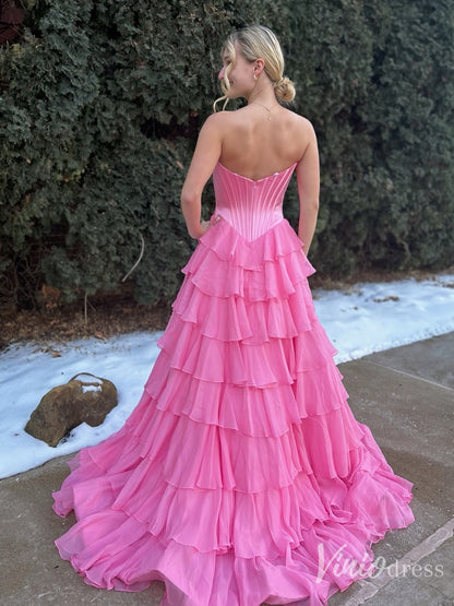 Strapless Pink Tiered Ruffle Formal Dress with Corset Bodice and Slit – FD6131-prom dresses 2025 -Viniodress-Pink-Custom Size-