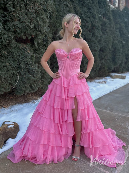 Strapless Pink Tiered Ruffle Formal Dress with Corset Bodice and Slit – FD6131-prom dresses 2025 -Viniodress-Pink-Custom Size-