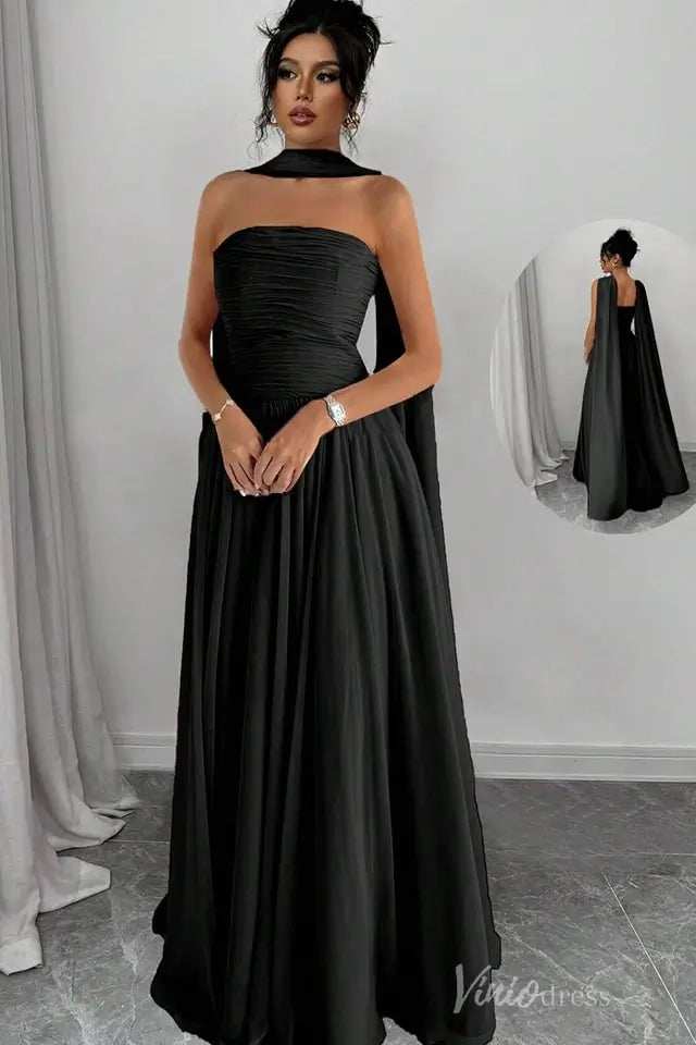 Strapless Pleated Chiffon Formal Gown with Cape Shawl and Flowing A-Line Skirt – AS032-bridesmaid dresses 2025 -Viniodress-Black-Custom Size-