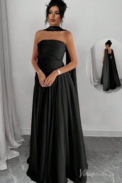 Strapless Pleated Chiffon Formal Gown with Cape Shawl and Flowing A-Line Skirt – AS032-bridesmaid dresses 2025 -Viniodress-Black-Custom Size-
