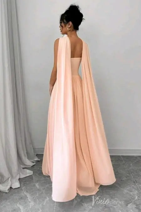 Strapless Pleated Chiffon Formal Gown with Cape Shawl and Flowing A-Line Skirt – AS032-bridesmaid dresses 2025 -Viniodress-Blush-Custom Size-
