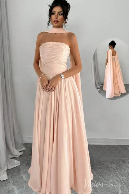 Strapless Pleated Chiffon Formal Gown with Cape Shawl and Flowing A-Line Skirt – AS032-bridesmaid dresses 2025 -Viniodress-Blush-Custom Size-