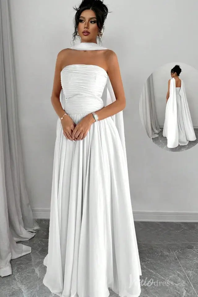 Strapless Pleated Chiffon Formal Gown with Cape Shawl and Flowing A-Line Skirt – AS032-bridesmaid dresses 2025 -Viniodress-Ivory-Custom Size-