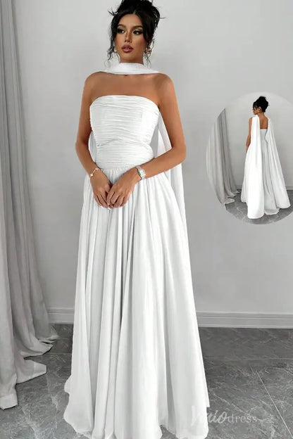 Strapless Pleated Chiffon Formal Gown with Cape Shawl and Flowing A-Line Skirt – AS032-bridesmaid dresses 2025 -Viniodress-Ivory-Custom Size-