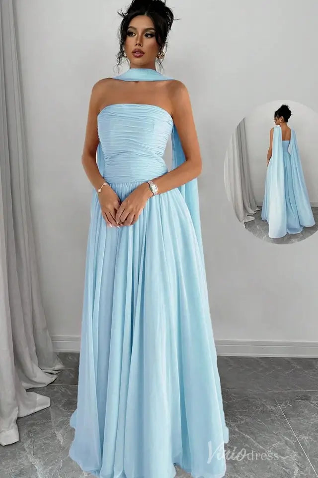 Strapless Pleated Chiffon Formal Gown with Cape Shawl and Flowing A-Line Skirt – AS032-bridesmaid dresses 2025 -Viniodress-Light Blue-Custom Size-