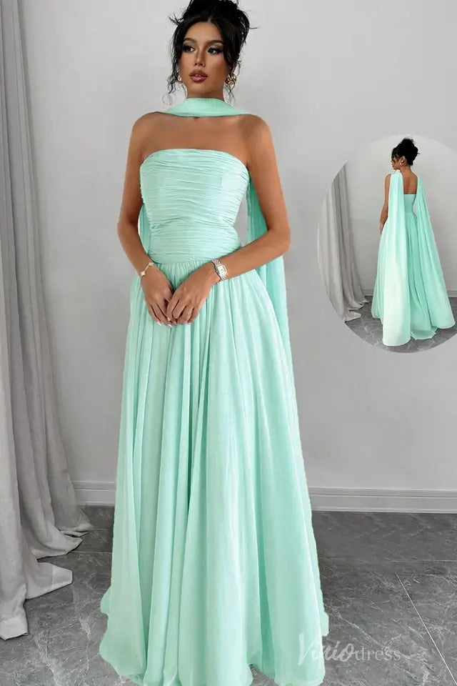 Strapless Pleated Chiffon Formal Gown with Cape Shawl and Flowing A-Line Skirt – AS032-bridesmaid dresses 2025 -Viniodress-Mint Green-Custom Size-