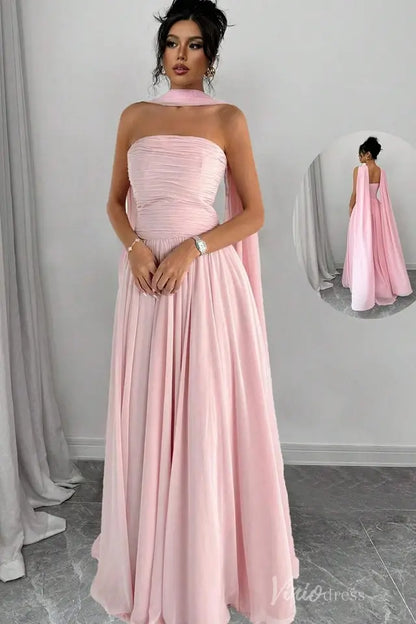 Strapless Pleated Chiffon Formal Gown with Cape Shawl and Flowing A-Line Skirt – AS032-bridesmaid dresses 2025 -Viniodress-Pink-Custom Size-