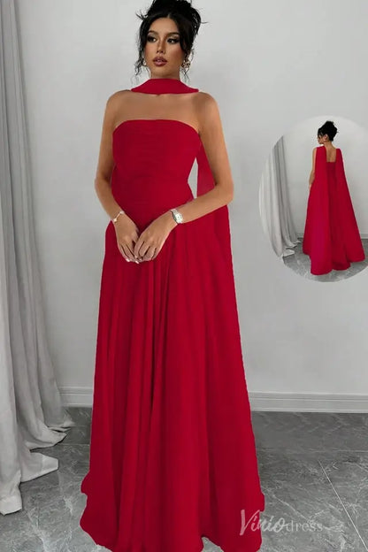 Strapless Pleated Chiffon Formal Gown with Cape Shawl and Flowing A-Line Skirt – AS032-bridesmaid dresses 2025 -Viniodress-Red-Custom Size-