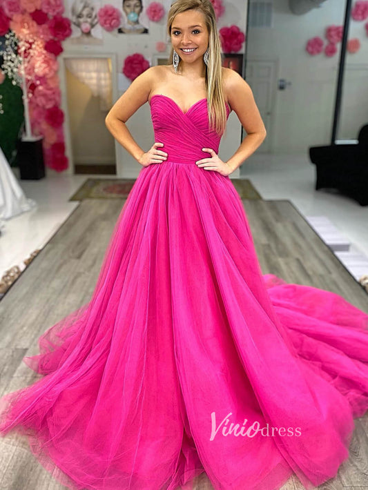 Strapless Pleated Prom Dresses Sweetheart Neck Formal Gown FD2760-prom dresses 2025 -Viniodress-Fuchsia-Custom Size-