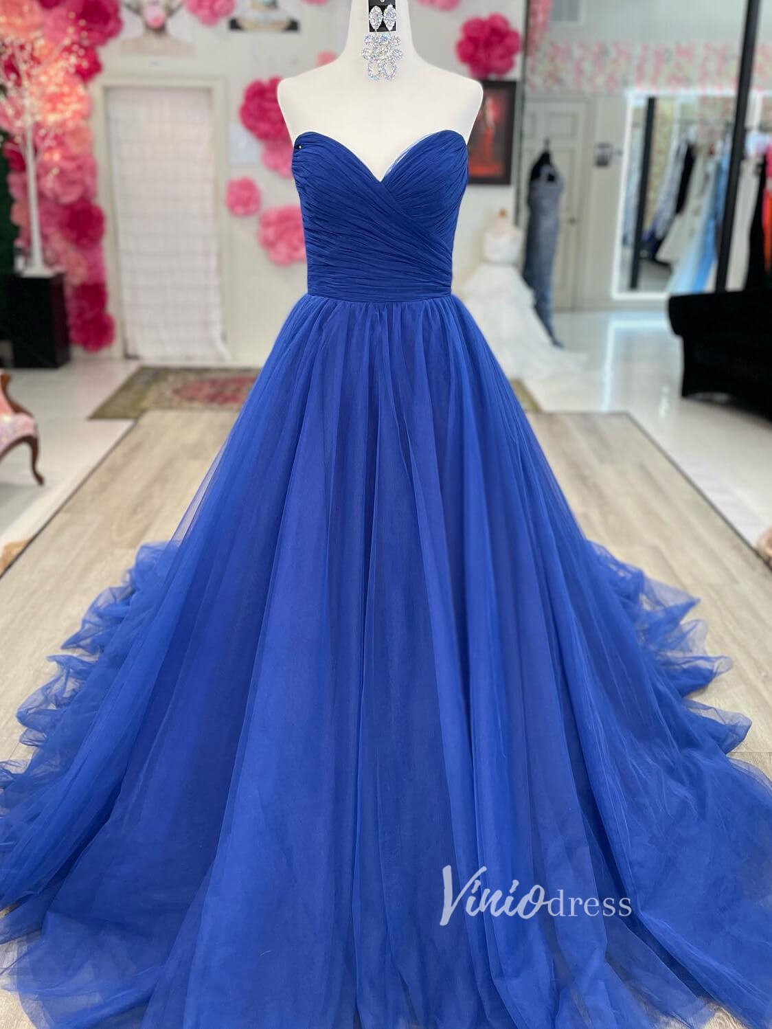Strapless Pleated Prom Dresses Sweetheart Neck Formal Gown FD2760-prom dresses 2025 -Viniodress-Royal Blue-Custom Size-