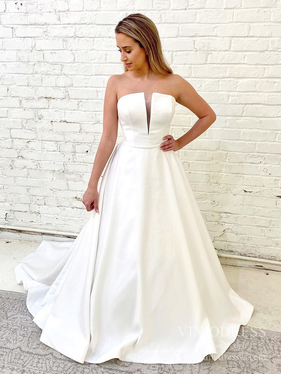 Strapless Plunging V Satin Wedding Dresses with Pockets VW1845-wedding dresses 2025 -Viniodress-Ivory-Zipper-Custom Size