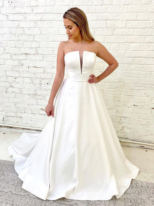 Strapless Plunging V Satin Wedding Dresses with Pockets VW1845-wedding dresses 2025 -Viniodress-Ivory-Zipper-Custom Size