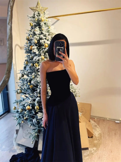 Strapless Prom Dresses 2025 with Black Velvet Bodice & Blue Satin Bottom – FD5216-prom dresses 2025 -Viniodress-Blue-Custom Size-