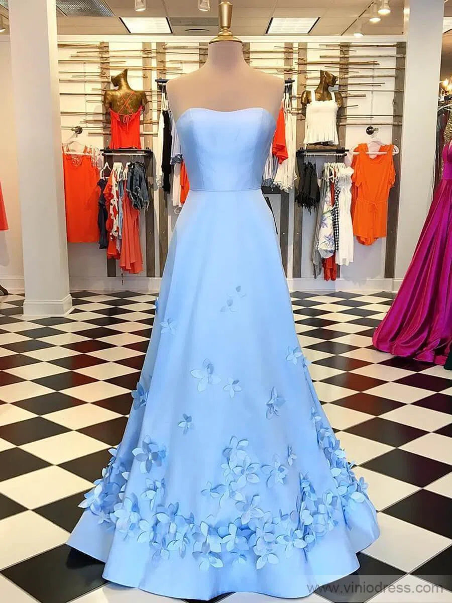 Prom Dress 2025 Strapless Prom Dresses Sky Blue Floral Long Prom Gowns FD1266-unique prom dresses-Light Blue-US 2-Viniodress