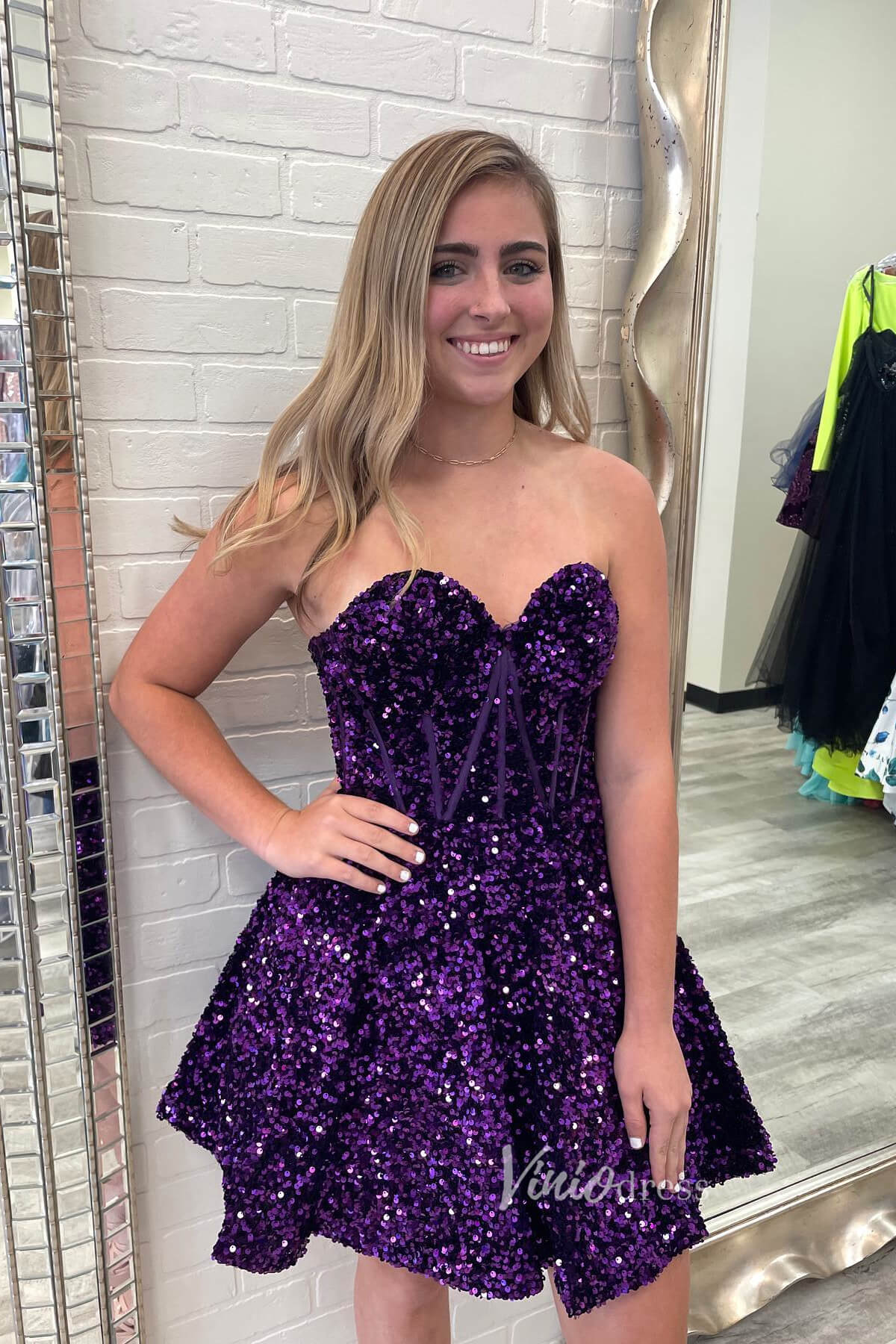 short purple prom dress Strapless Purple Sequin Homecoming Dresses Short Graduation Dress with –  Viniodress