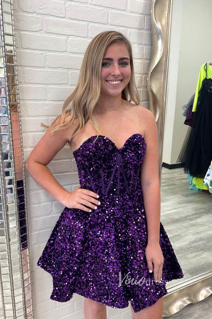 Strapless Purple Sequin Homecoming Dresses Short Graduation Dress with Pockets SD1522-Homecoming Dresses 2025 -Viniodress-Purple-Custom Size-