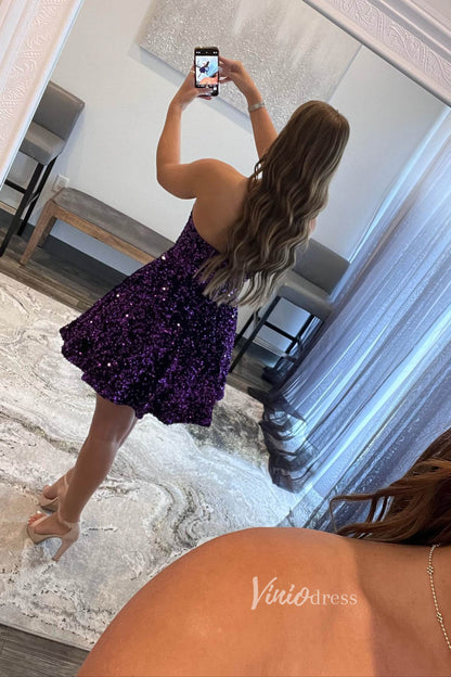 Strapless Purple Sequin Homecoming Dresses Short Graduation Dress with Pockets SD1522-Homecoming Dresses 2025 -Viniodress-Purple-Custom Size-