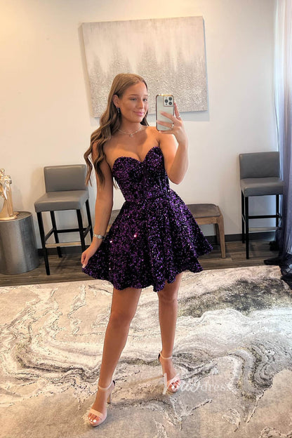 Strapless Purple Sequin Homecoming Dresses Short Graduation Dress with Pockets SD1522-Homecoming Dresses 2025 -Viniodress-Purple-Custom Size-