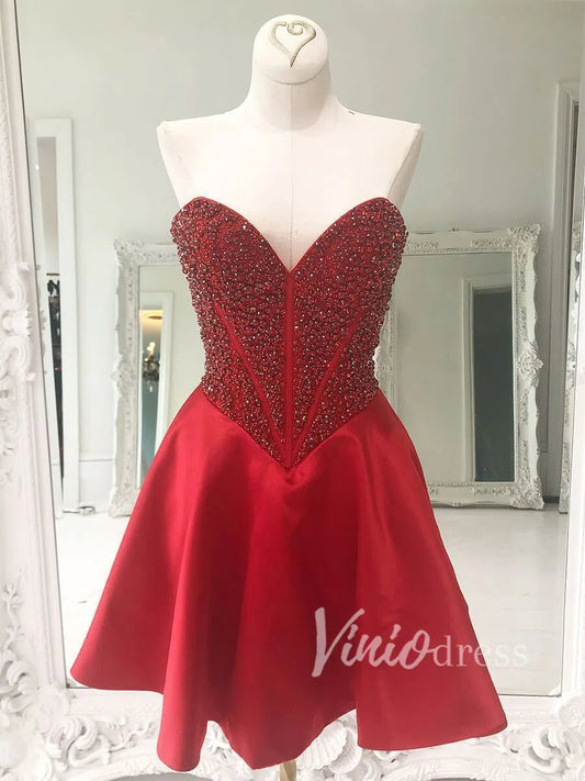Strapless Red Beaded Homecoming Dresses SD1125-Homecoming Dresses 2025 -Viniodress-Red-Custom Size-