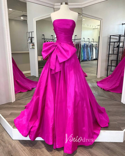 Strapless Red Bow Tie Prom Dresses 2024 Satin Formal Gowns with Slit FD3043-prom dresses 2025 -Viniodress-Fuchsia-Custom Size-