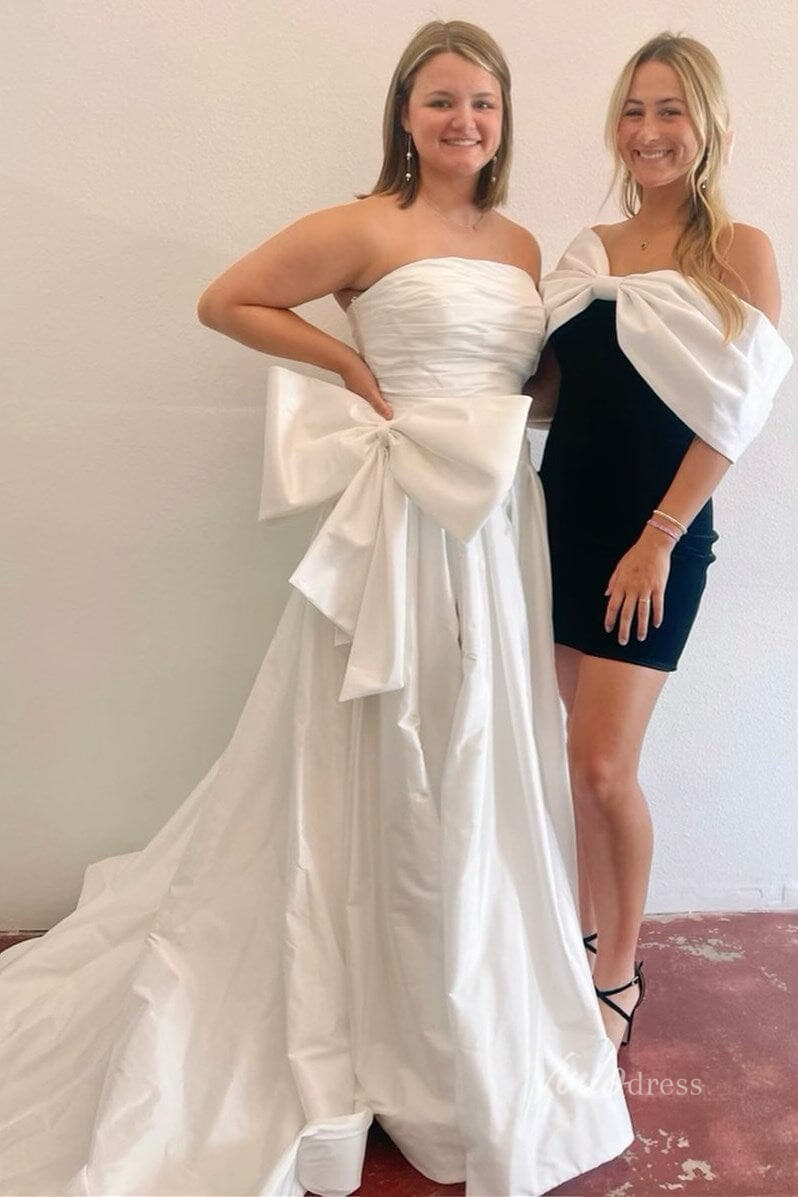 Strapless Red Bow Tie Prom Dresses 2024 Satin Formal Gowns with Slit FD3043-prom dresses 2025 -Viniodress-Ivory-Custom Size-