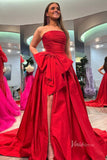 Strapless Red Bow Tie Prom Dresses 2024 Satin Formal Gowns with Slit FD3043-prom dresses-Viniodress-Viniodress