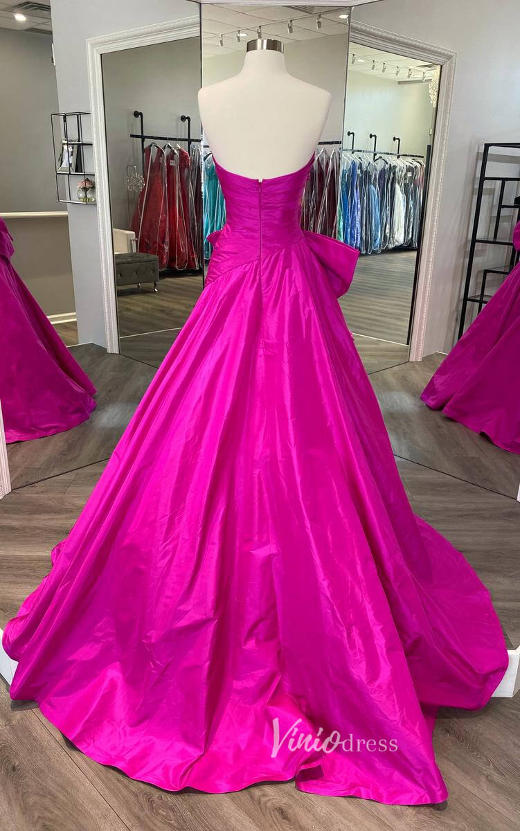 Prom Dress 2025 Strapless Red Bow Tie Prom Dresses 2024 Satin Formal Gowns with Slit FD3043-unique prom dresses-Red-Custom Size-Viniodress