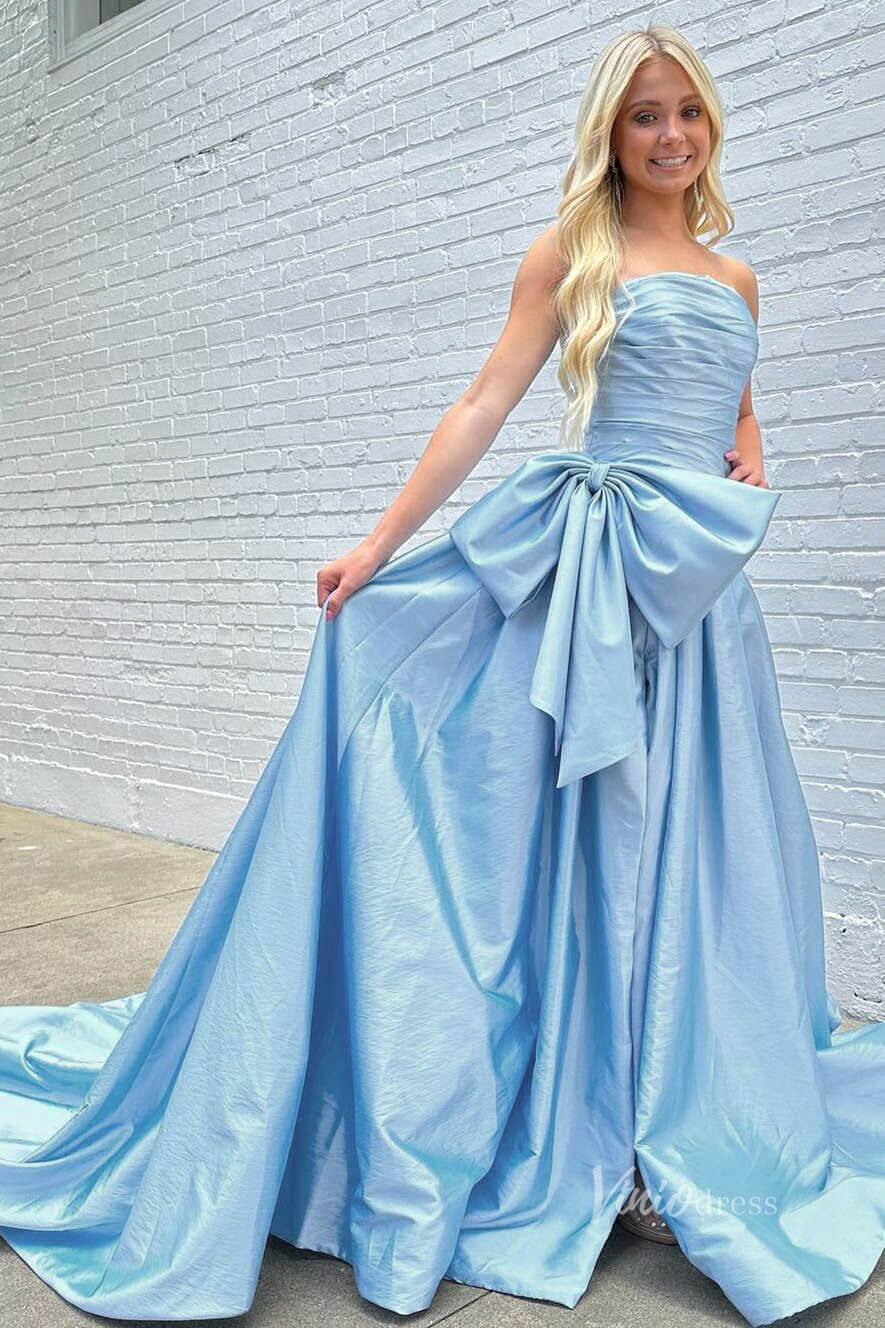 Prom Dress 2025 Strapless Red Bow Tie Prom Dresses 2024 Satin Formal Gowns with Slit FD3043-unique prom dresses-Light Blue-Custom Size-Viniodress