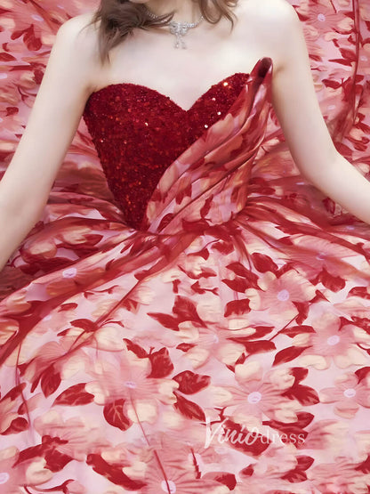 Strapless Red Jacquard Lace Prom Dresses Sequin Bodice Ball Gown FD3409-prom dresses 2025 -Viniodress-Red-Custom Size-