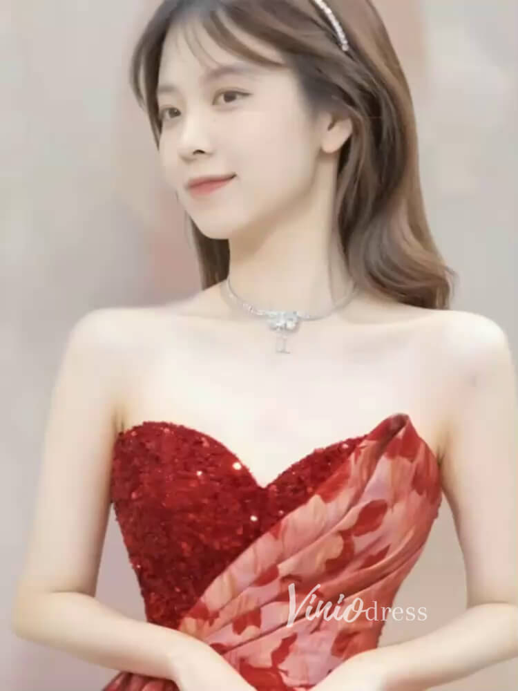 Strapless Red Jacquard Lace Prom Dresses Sequin Bodice Ball Gown FD3409-prom dresses 2025 -Viniodress-Red-Custom Size-