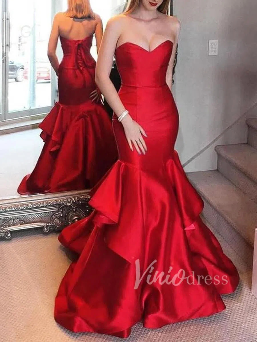 Strapless Red Mermaid Prom Dresses Corset Back Pageant Gown FD1555-prom dresses 2025 -Viniodress-Red-Custom Size-