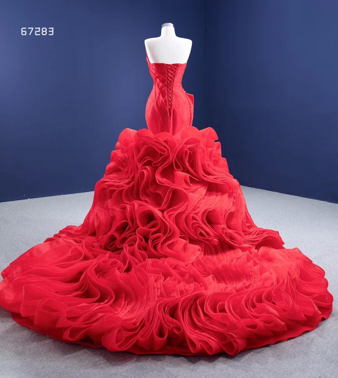 Strapless Red Mermaid Wedding Dresses Ruffled Rosette Pageant Gown 67283 viniodress-prom dresses 2025 -Viniodress-Red-Custom Size-