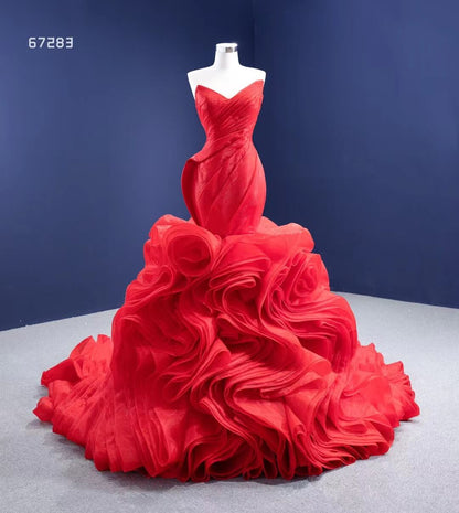 Strapless Red Mermaid Wedding Dresses Ruffled Rosette Pageant Gown 67283 viniodress-prom dresses 2025 -Viniodress-Red-Custom Size-