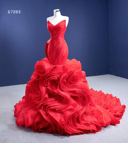 Strapless Red Mermaid Wedding Dresses Ruffled Rosette Pageant Gown 67283 viniodress-prom dresses 2025 -Viniodress-Red-Custom Size-