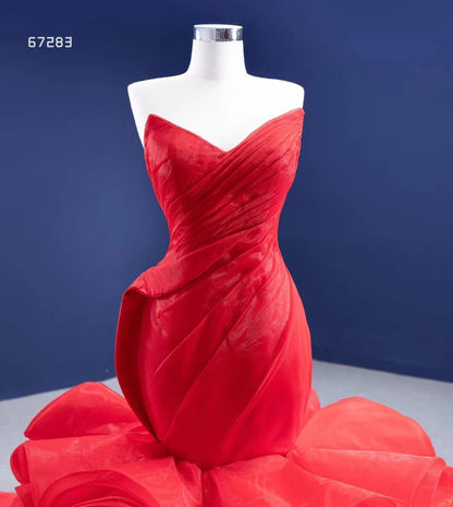 Strapless Red Mermaid Wedding Dresses Ruffled Rosette Pageant Gown 67283 viniodress-prom dresses 2025 -Viniodress-Red-Custom Size-