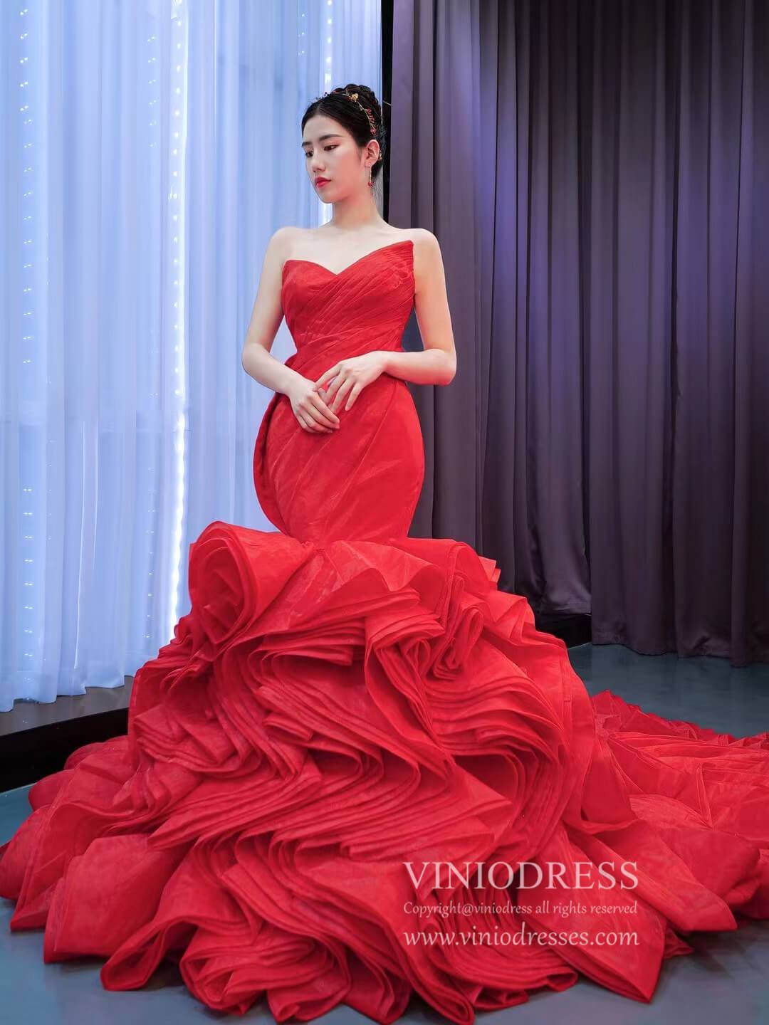 Strapless Red Mermaid Wedding Dresses Ruffled Rosette Pageant Gown 67283 viniodress-prom dresses 2025 -Viniodress-Red-Custom Size-