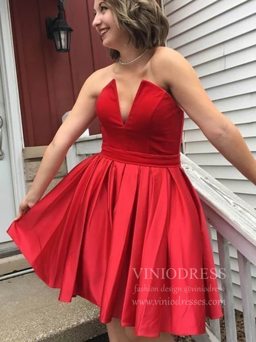 Short Prom Dresses 2025 Strapless Red Satin Homecoming Dresses Pleated Cocktail Dress SD1272-homecoming dresses-Viniodress-Red-Custom Size-Viniodress