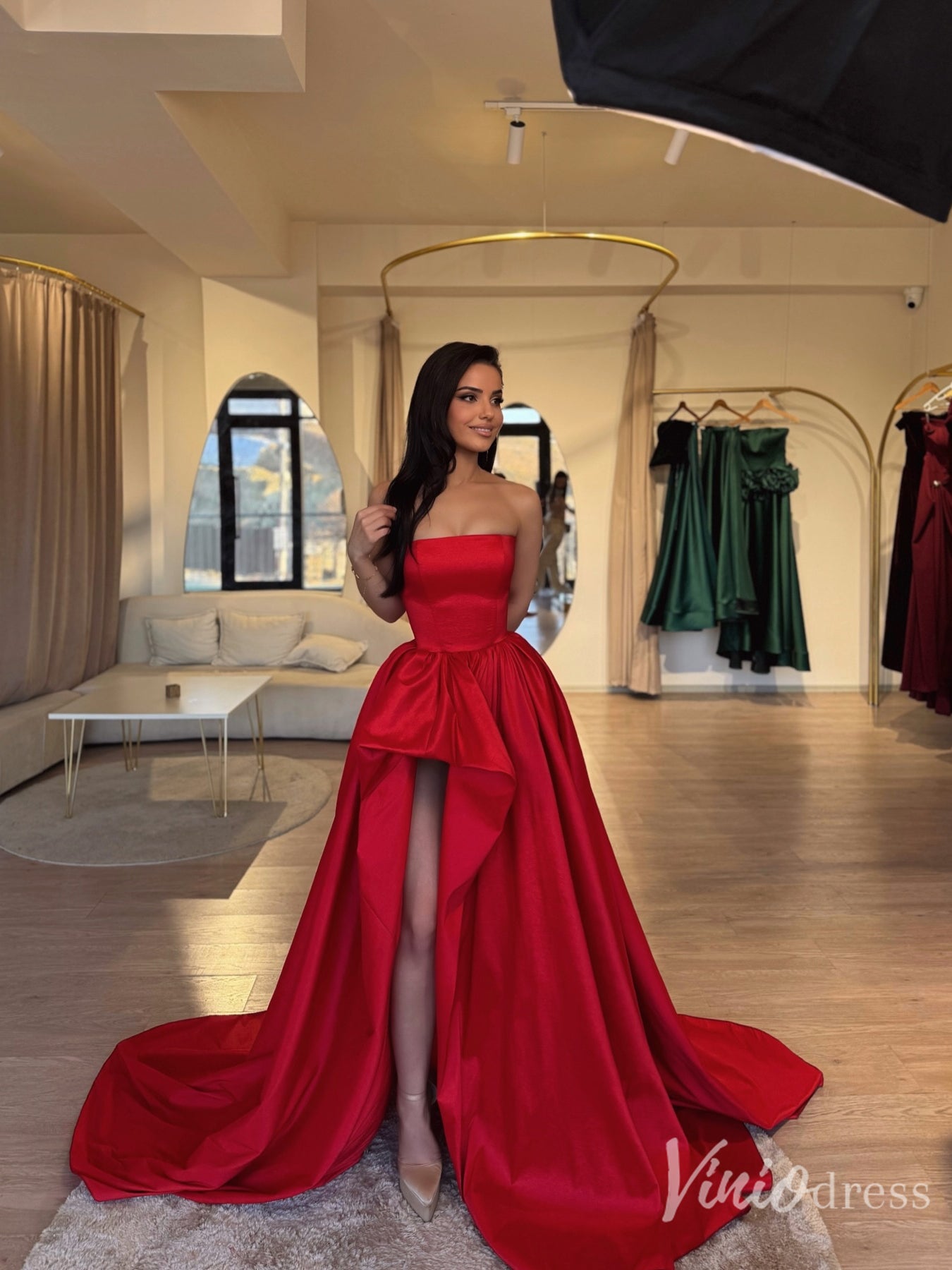 Strapless Red Satin Prom Dress with High Slit and Overskirt – FD6126-prom dresses 2025 -Viniodress-Red-Custom Size-