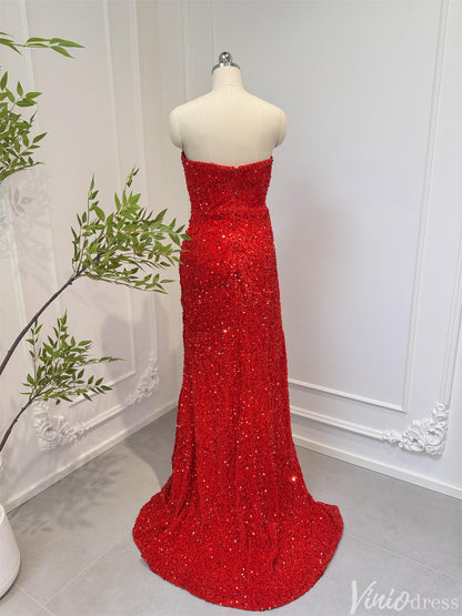 Strapless Red Sequin Sheath Prom Dresses with Slit Plunging V-neck 80006-prom dresses 2025 -Viniodress-Red-Custom Size-