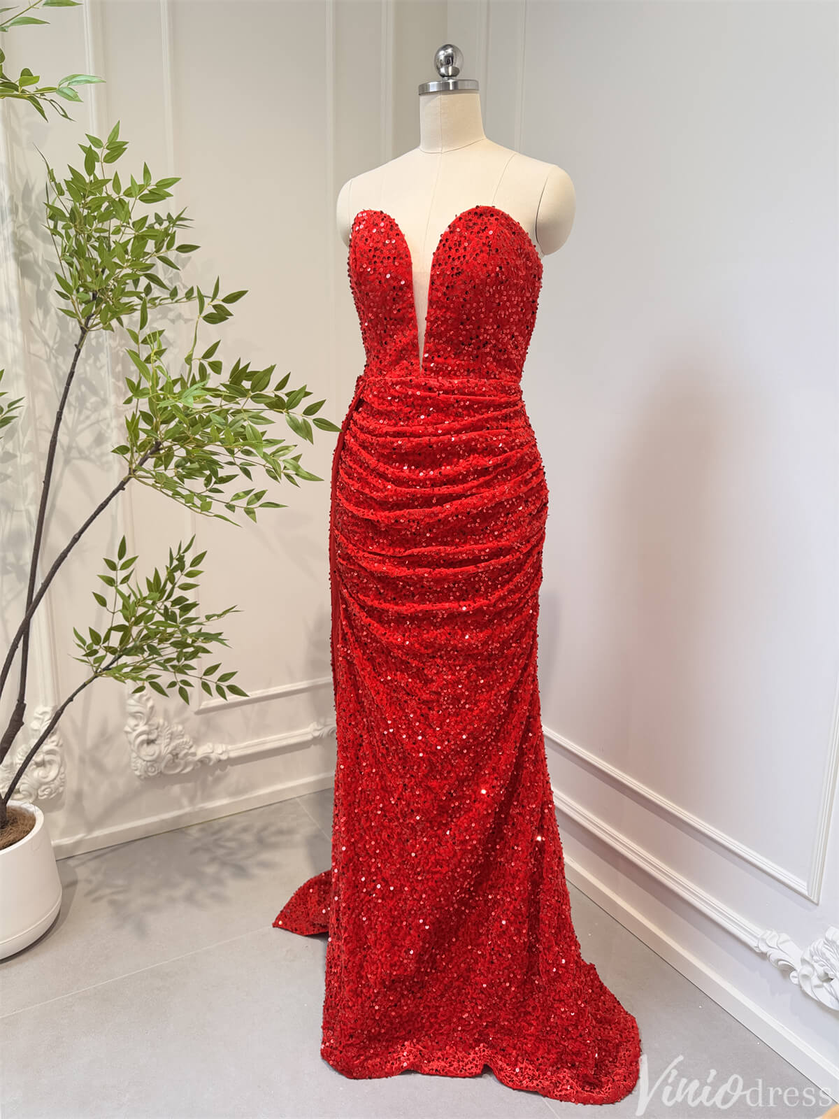 Strapless Red Sequin Sheath Prom Dresses with Slit Plunging V-neck 80006-prom dresses 2025 -Viniodress-Red-Custom Size-