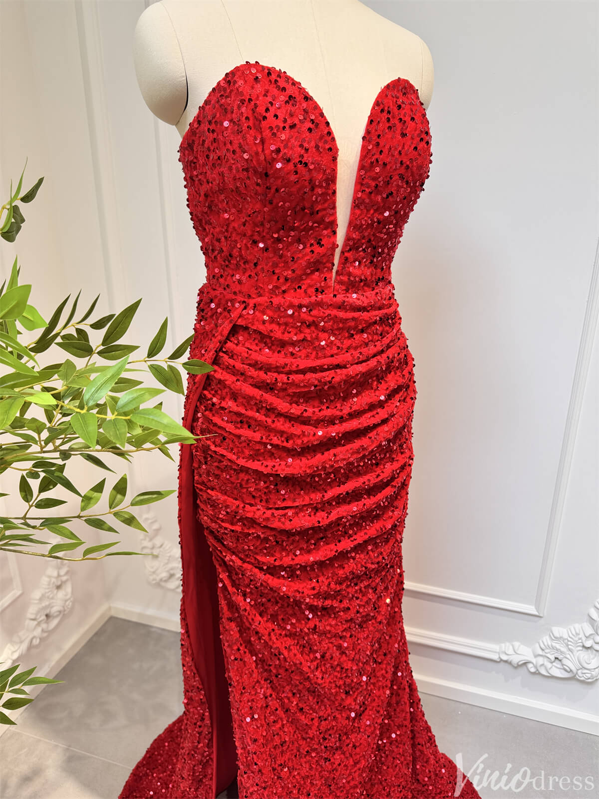 Strapless Red Sequin Sheath Prom Dresses with Slit Plunging V-neck 80006-prom dresses 2025 -Viniodress-Red-Custom Size-