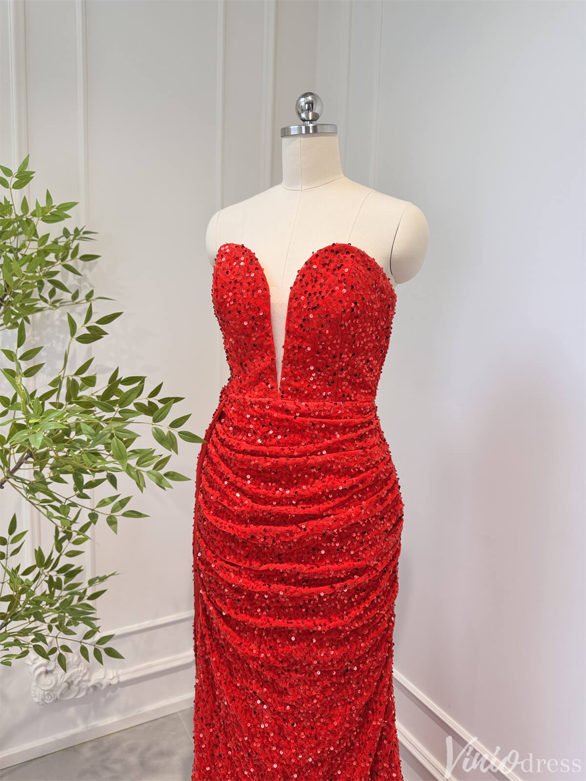 Strapless Red Sequin Sheath Prom Dresses with Slit Plunging V-neck 80006-prom dresses 2025 -Viniodress-Red-Custom Size-