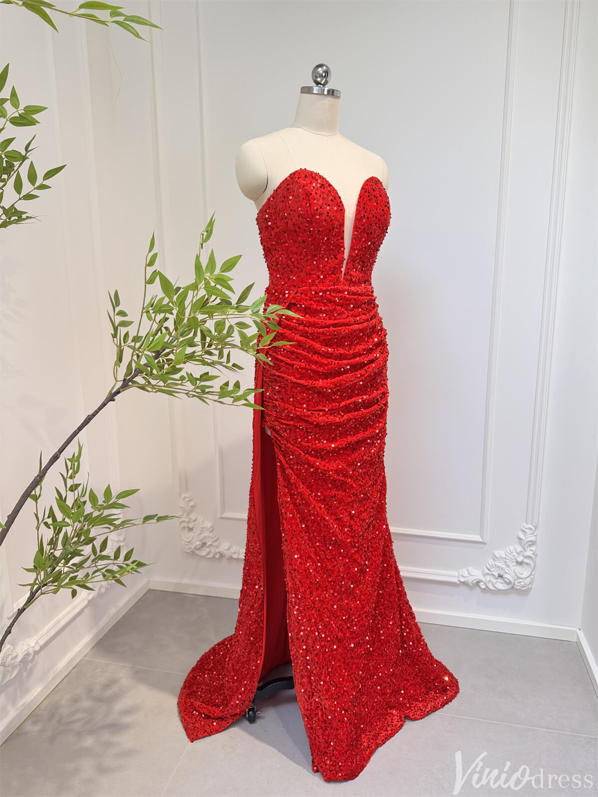 Strapless Red Sequin Sheath Prom Dresses with Slit Plunging V-neck 80006-prom dresses 2025 -Viniodress-Red-Custom Size-