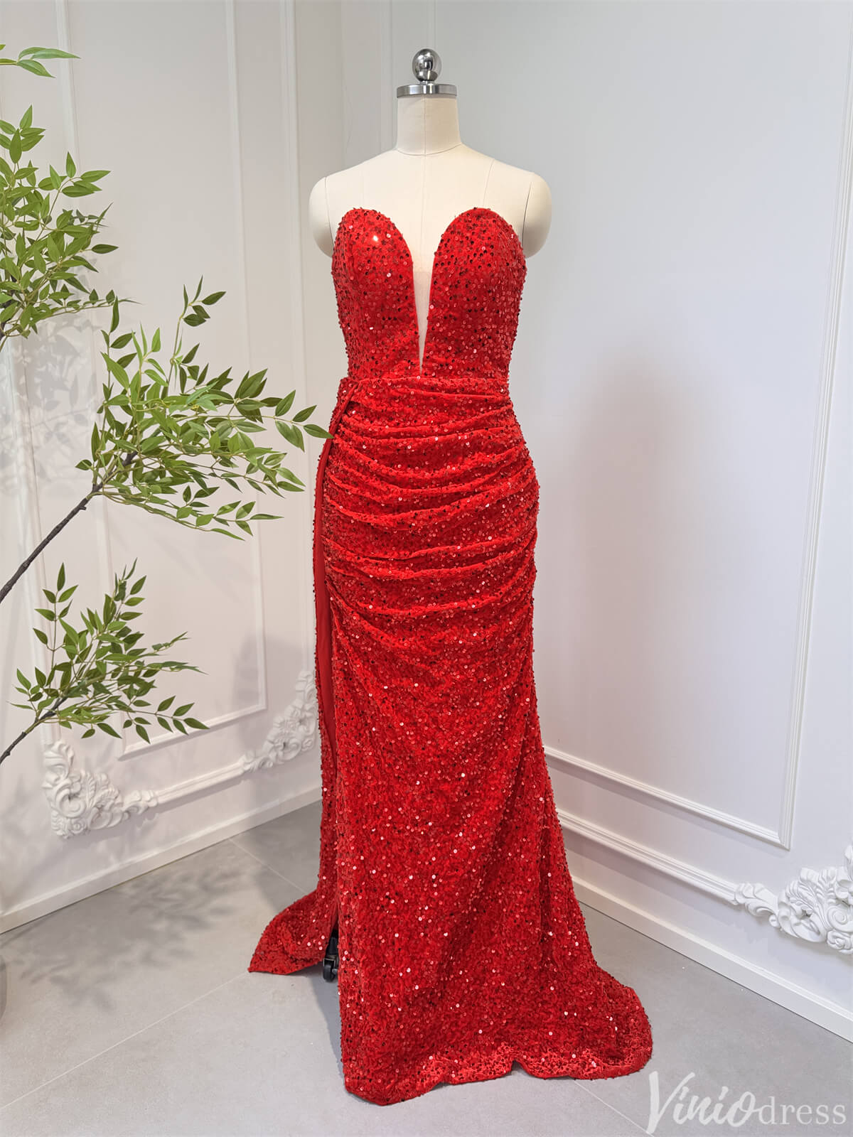 Strapless Red Sequin Sheath Prom Dresses with Slit Plunging V-neck 80006-prom dresses 2025 -Viniodress-Red-Custom Size-