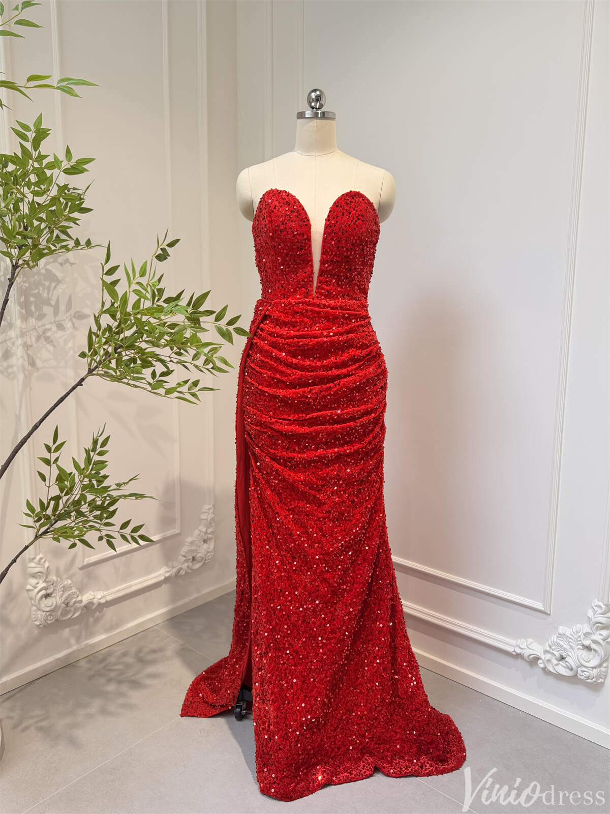 Prom Dress 2025 Strapless Red Sequin Sheath Prom Dresses with Slit Plunging V-neck 80006-unique prom dresses-Red-Custom Size-Viniodress