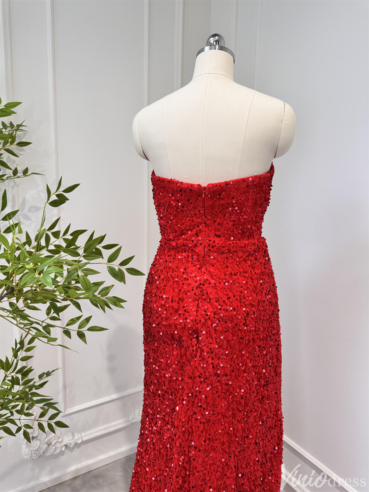 Prom Dress 2025 Strapless Red Sequin Sheath Prom Dresses with Slit Plunging V-neck 80006-unique prom dresses-Red-Custom Size-Viniodress