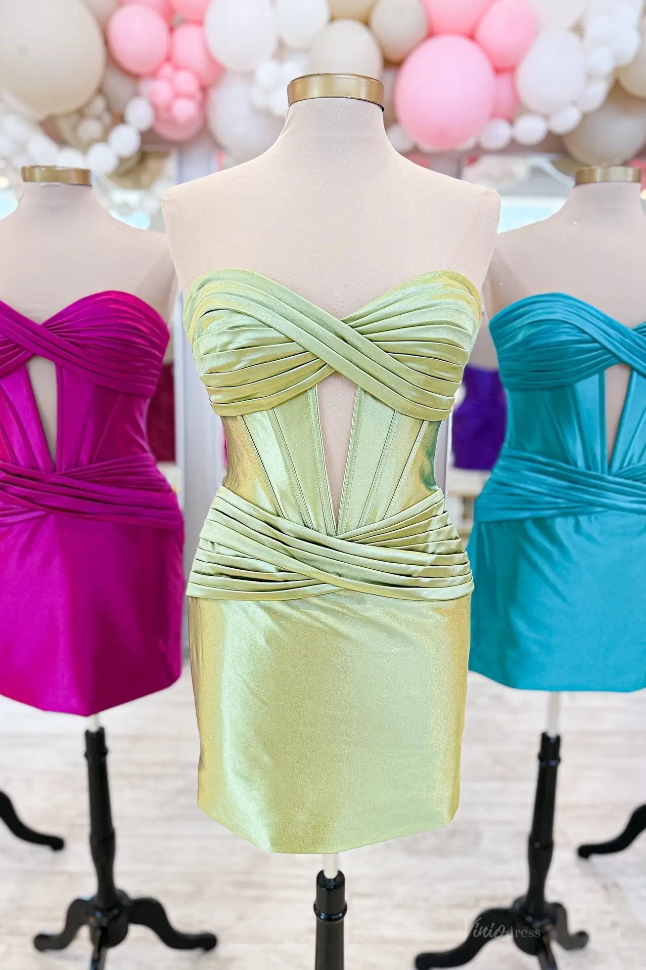 Strapless Ruched Satin Homecoming Dress with Twist Bodice, Deep V Cutout & Wrapped Waist – HB004-prom dresses 2026-Viniodress-Sage-Custom Size-