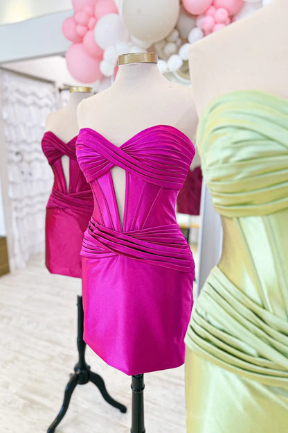 Strapless Ruched Satin Homecoming Dress with Twist Bodice, Deep V Cutout & Wrapped Waist – HB004-prom dresses 2026-Viniodress-Sage-Custom Size-