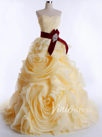 Strapless Ruffle Ball Gown Rosette Wedding Dress FD1421-prom dresses 2025 -Viniodress-Fuchsia-Custom Size-